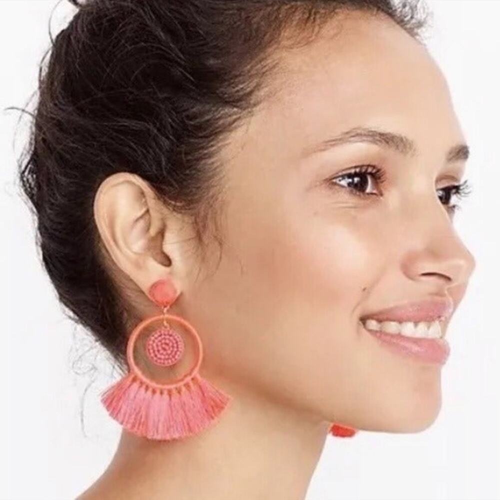 J. Crew Neon Orange Hoop Tassel Fringe Earrings - Picture 2 of 7